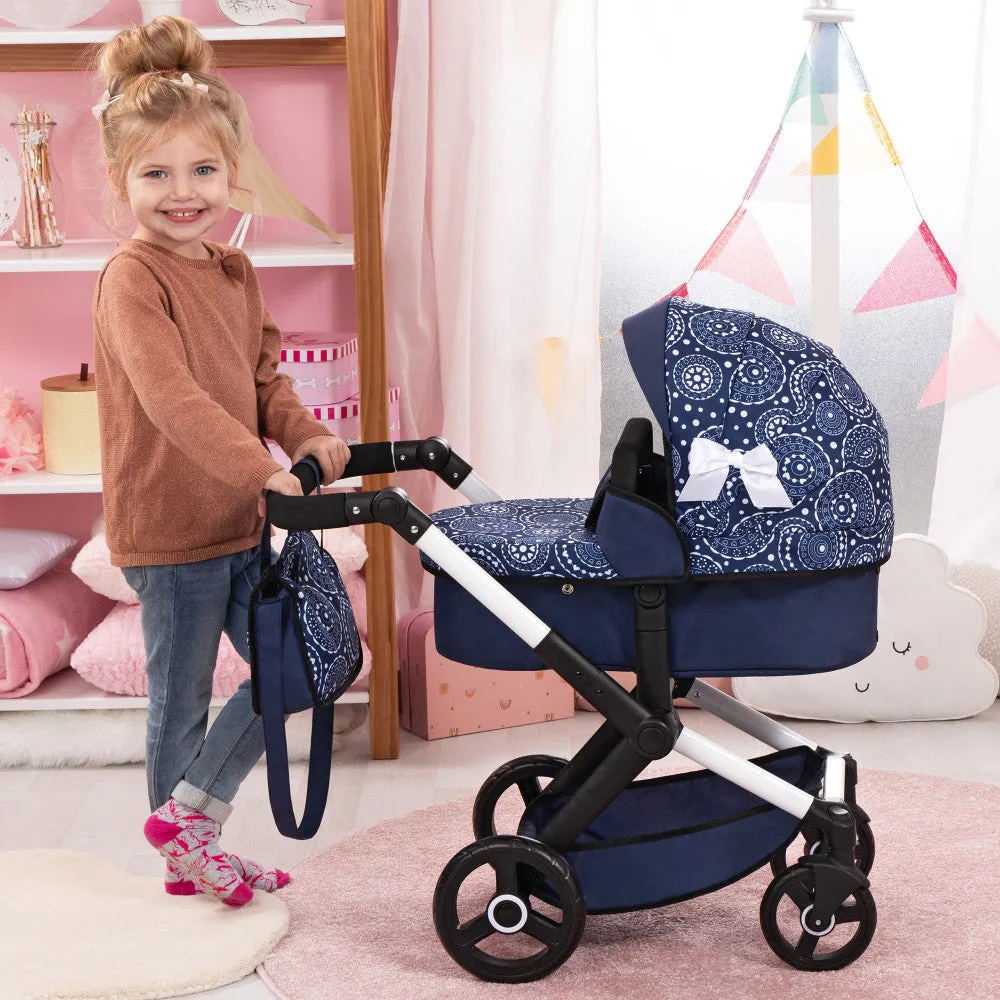 Bayer Design Xeo Pram Doll Stroller - Blue and White Circles for 18" Dolls