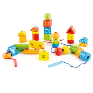 Hape String-Along Shapes 32-Piece Wooden Lacing & Stacking Toy