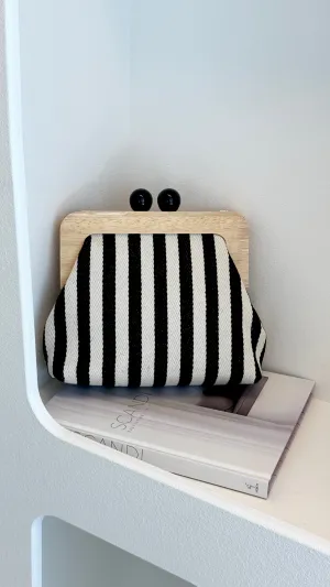 Neve Canvas Stripe Timber Clutch - Black / White