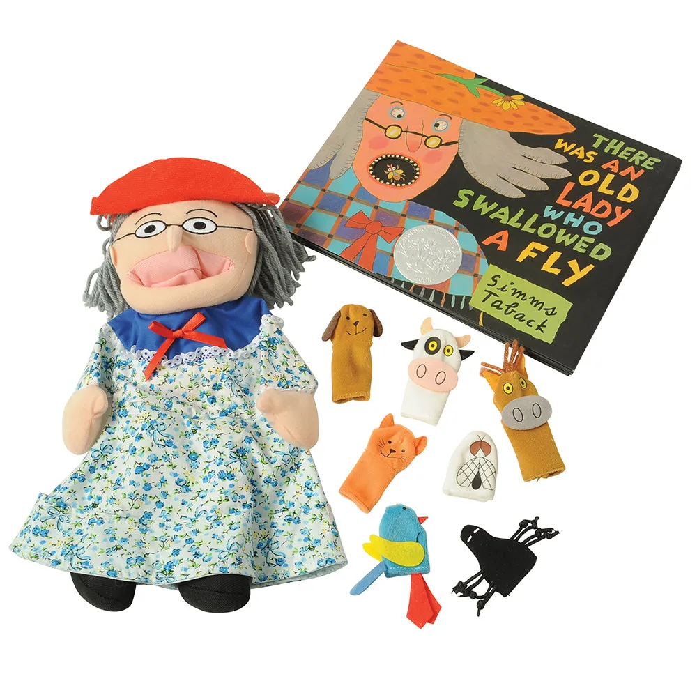 There Was an Old Lady Storytelling Puppet & Book Set | 8-Piece Doll and Finger Puppet Kit*