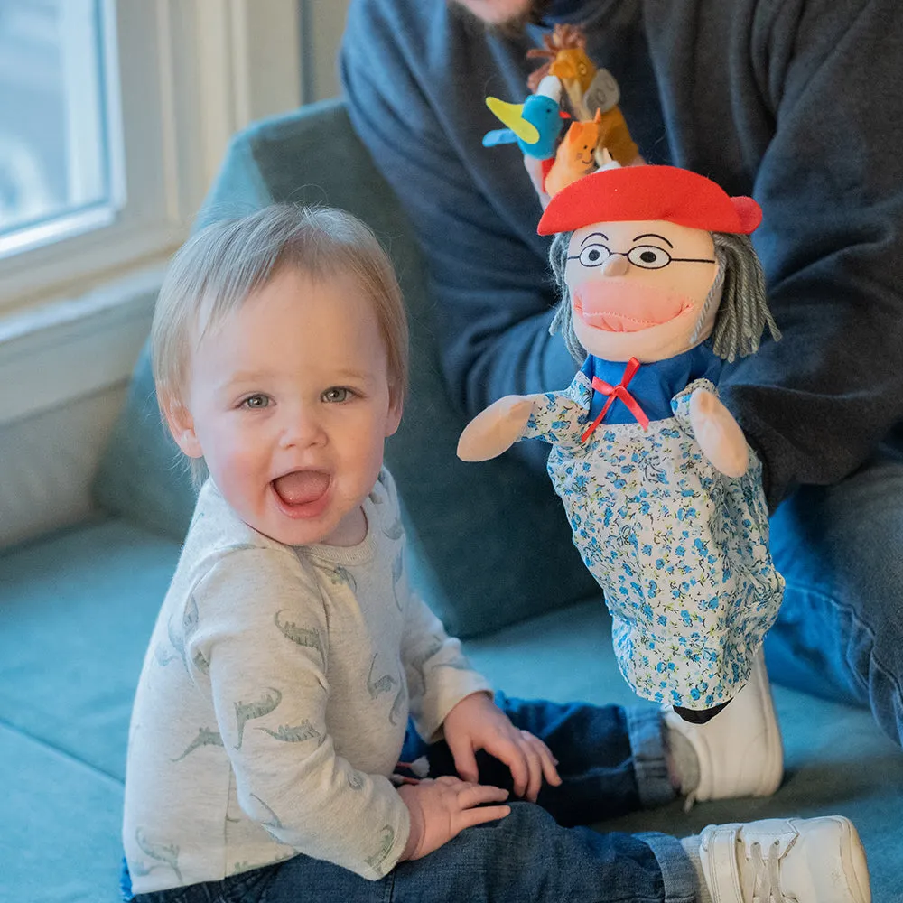 There Was an Old Lady Storytelling Puppet & Book Set | 8-Piece Doll and Finger Puppet Kit*