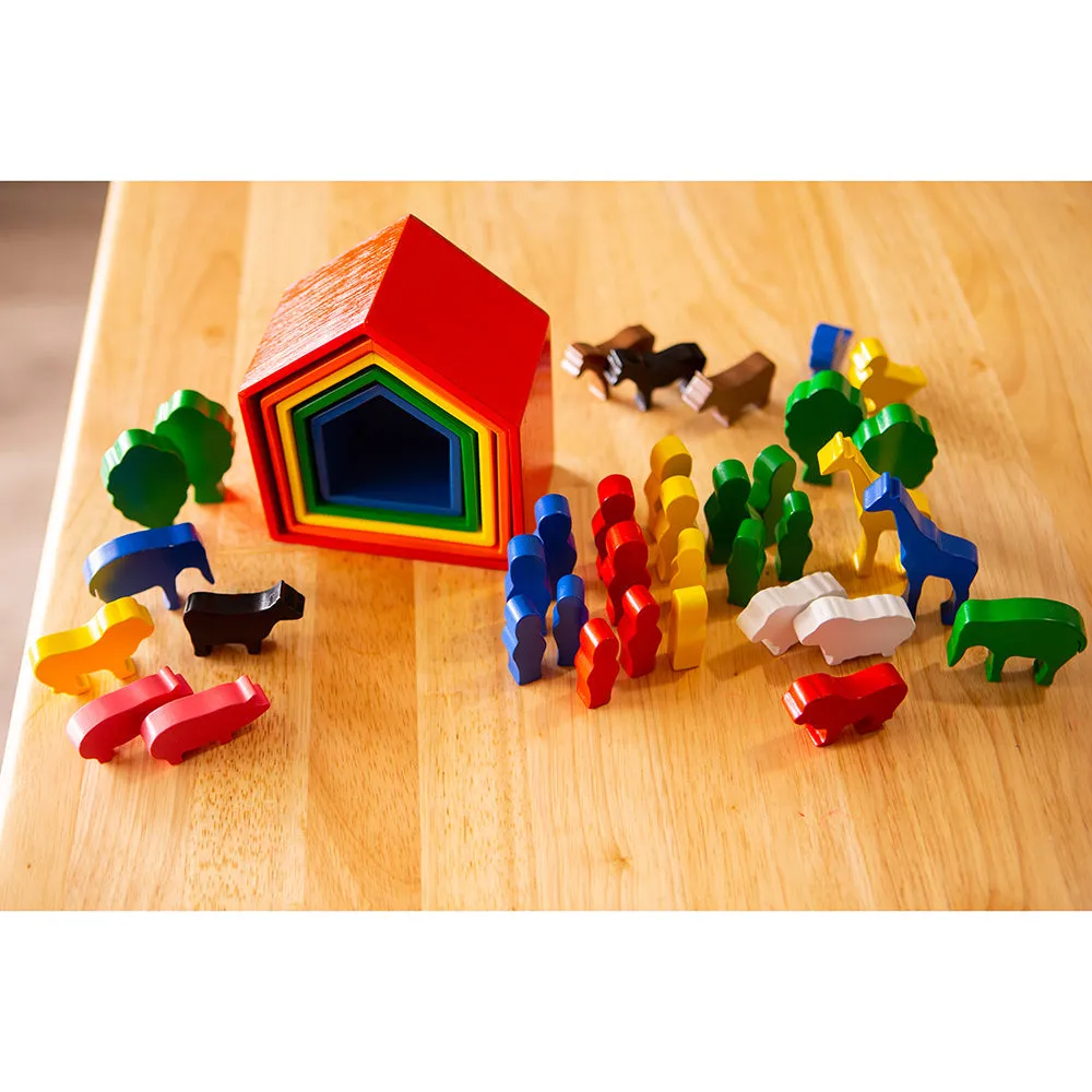 Wooden Nesting Houses & Figures Play Set | 41-Piece Chunky Hardwood Set